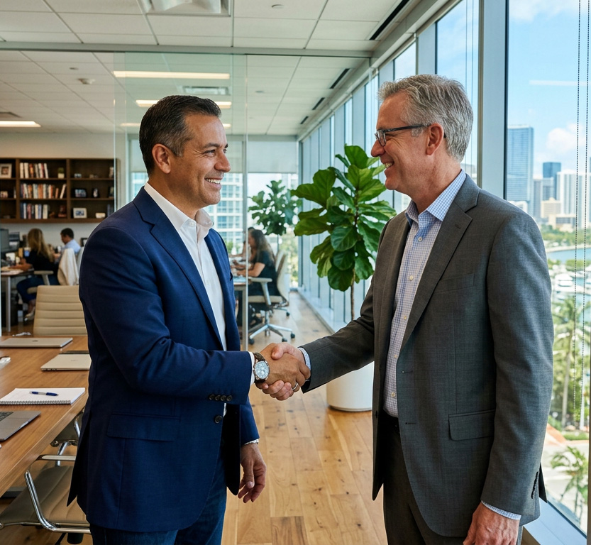 South Florida business owners shaking hands with their insurance agent
